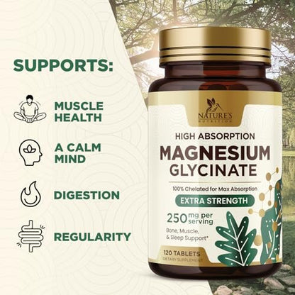 Magnesium Glycinat 250 mg pro Portion - 100% cheliertes Magnesiumpräparat - Hochabsorbierendes Mag Glycinat unterstützt Schlaf, Herzgesundheit, Knochen & Muskeln - Glutenfrei, vegan, in den USA abgefüllt - 120 Tabletten