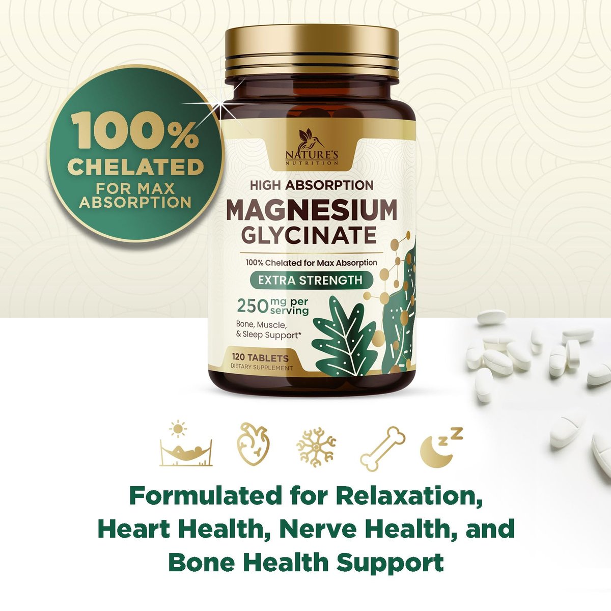 Magnesium Glycinat 250 mg pro Portion - 100% cheliertes Magnesiumpräparat - Hochabsorbierendes Mag Glycinat unterstützt Schlaf, Herzgesundheit, Knochen & Muskeln - Glutenfrei, vegan, in den USA abgefüllt - 120 Tabletten
