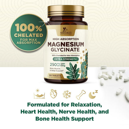 Magnesium Glycinat 250 mg pro Portion - 100% cheliertes Magnesiumpräparat - Hochabsorbierendes Mag Glycinat unterstützt Schlaf, Herzgesundheit, Knochen & Muskeln - Glutenfrei, vegan, in den USA abgefüllt - 120 Tabletten
