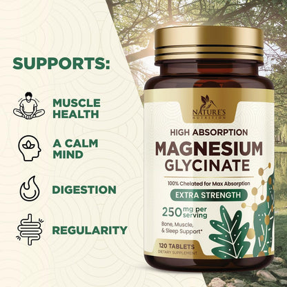 Magnesium Glycinat 250 mg pro Portion - 100% cheliertes Magnesiumpräparat - Hochabsorbierendes Mag Glycinat unterstützt Schlaf, Herzgesundheit, Knochen & Muskeln - Glutenfrei, vegan, in den USA abgefüllt - 120 Tabletten