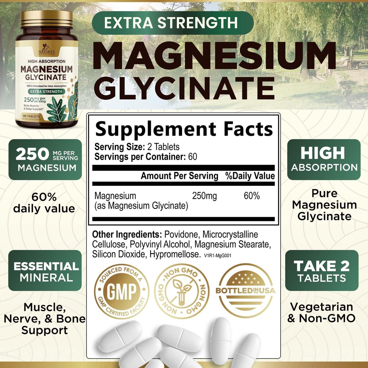 Magnesium Glycinat 250 mg pro Portion - 100% cheliertes Magnesiumpräparat - Hochabsorbierendes Mag Glycinat unterstützt Schlaf, Herzgesundheit, Knochen & Muskeln - Glutenfrei, vegan, in den USA abgefüllt - 120 Tabletten