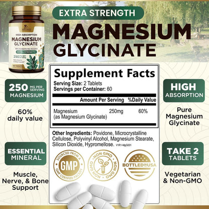 Magnesium Glycinat 250 mg pro Portion - 100% cheliertes Magnesiumpräparat - Hochabsorbierendes Mag Glycinat unterstützt Schlaf, Herzgesundheit, Knochen & Muskeln - Glutenfrei, vegan, in den USA abgefüllt - 120 Tabletten