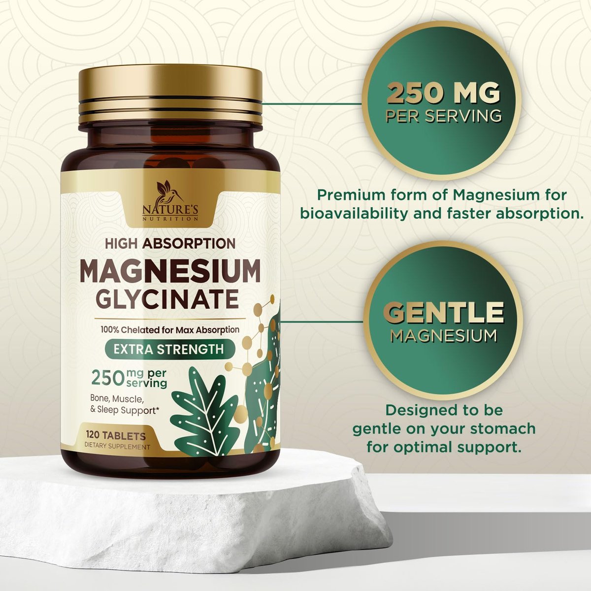 Magnesium Glycinat 250 mg pro Portion - 100% cheliertes Magnesiumpräparat - Hochabsorbierendes Mag Glycinat unterstützt Schlaf, Herzgesundheit, Knochen & Muskeln - Glutenfrei, vegan, in den USA abgefüllt - 120 Tabletten