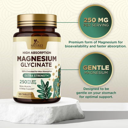 Magnesium Glycinat 250 mg pro Portion - 100% cheliertes Magnesiumpräparat - Hochabsorbierendes Mag Glycinat unterstützt Schlaf, Herzgesundheit, Knochen & Muskeln - Glutenfrei, vegan, in den USA abgefüllt - 120 Tabletten