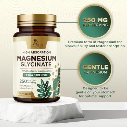 Magnesium Glycinat 250 mg pro Portion - 100% cheliertes Magnesiumpräparat - Hochabsorbierendes Mag Glycinat unterstützt Schlaf, Herzgesundheit, Knochen & Muskeln - Glutenfrei, vegan, in den USA abgefüllt - 120 Tabletten