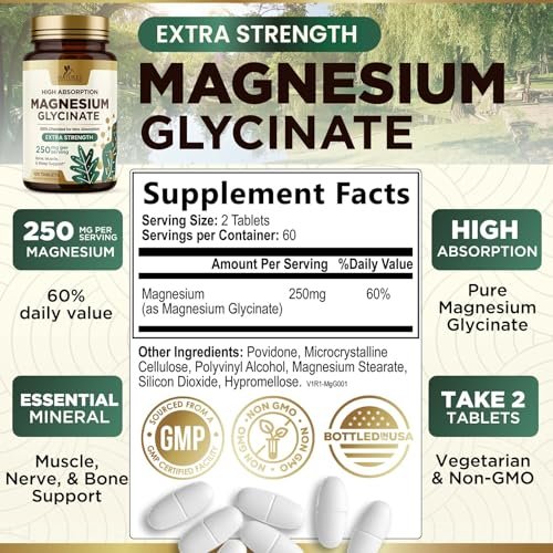 Magnesium Glycinat 250 mg pro Portion - 100% cheliertes Magnesiumpräparat - Hochabsorbierendes Mag Glycinat unterstützt Schlaf, Herzgesundheit, Knochen & Muskeln - Glutenfrei, vegan, in den USA abgefüllt - 120 Tabletten