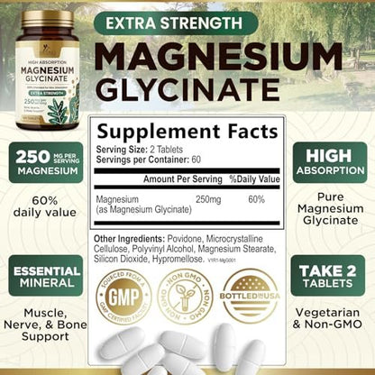 Magnesium Glycinat 250 mg pro Portion - 100% cheliertes Magnesiumpräparat - Hochabsorbierendes Mag Glycinat unterstützt Schlaf, Herzgesundheit, Knochen & Muskeln - Glutenfrei, vegan, in den USA abgefüllt - 120 Tabletten