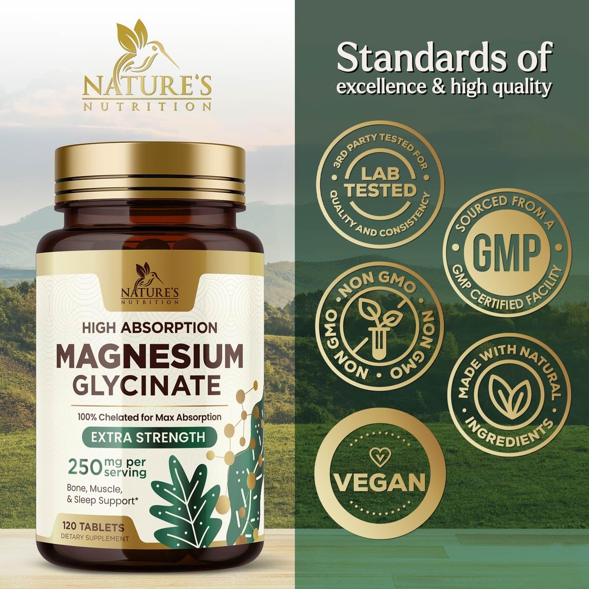 Magnesium Glycinat 250 mg pro Portion - 100% cheliertes Magnesiumpräparat - Hochabsorbierendes Mag Glycinat unterstützt Schlaf, Herzgesundheit, Knochen & Muskeln - Glutenfrei, vegan, in den USA abgefüllt - 120 Tabletten