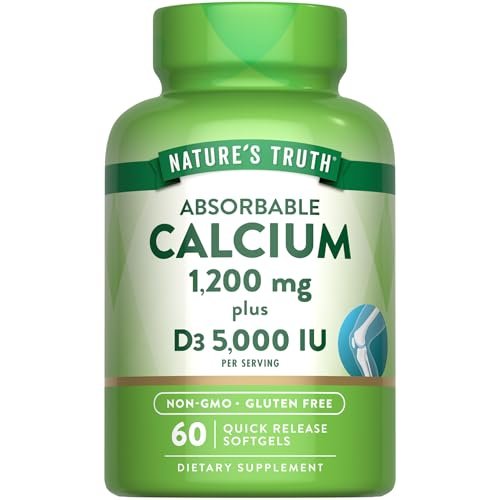 Nature's Truth Calcium 1200 mg mit Vitamin D3 5000 IE – 60 Softgels – Calciumcarbonat – Nicht-GVO & glutenfrei