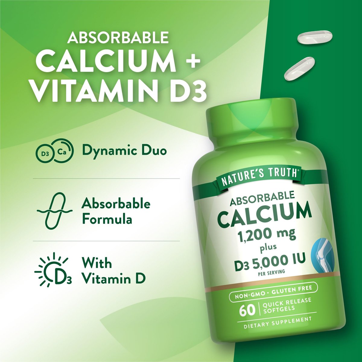 Nature's Truth Calcium 1200 mg mit Vitamin D3 5000 IE – 60 Softgels – Calciumcarbonat – Nicht-GVO & glutenfrei