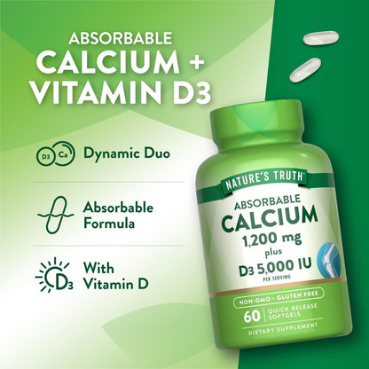 Nature's Truth Calcium 1200 mg mit Vitamin D3 5000 IE – 60 Softgels – Calciumcarbonat – Nicht-GVO & glutenfrei