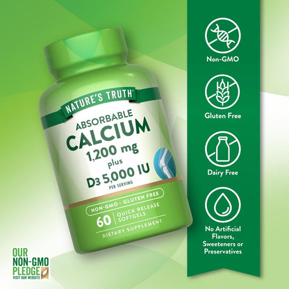 Nature's Truth Calcium 1200 mg mit Vitamin D3 5000 IE – 60 Softgels – Calciumcarbonat – Nicht-GVO & glutenfrei