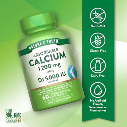 Nature's Truth Calcium 1200 mg mit Vitamin D3 5000 IE – 60 Softgels – Calciumcarbonat – Nicht-GVO & glutenfrei
