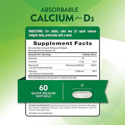 Nature's Truth Calcium 1200 mg mit Vitamin D3 5000 IE – 60 Softgels – Calciumcarbonat – Nicht-GVO & glutenfrei