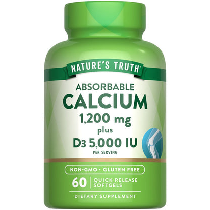 Nature's Truth Calcium 1200 mg mit Vitamin D3 5000 IE – 60 Softgels – Calciumcarbonat – Nicht-GVO & glutenfrei