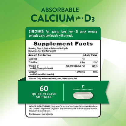 Nature's Truth Calcium 1200 mg mit Vitamin D3 5000 IE – 60 Softgels – Calciumcarbonat – Nicht-GVO & glutenfrei