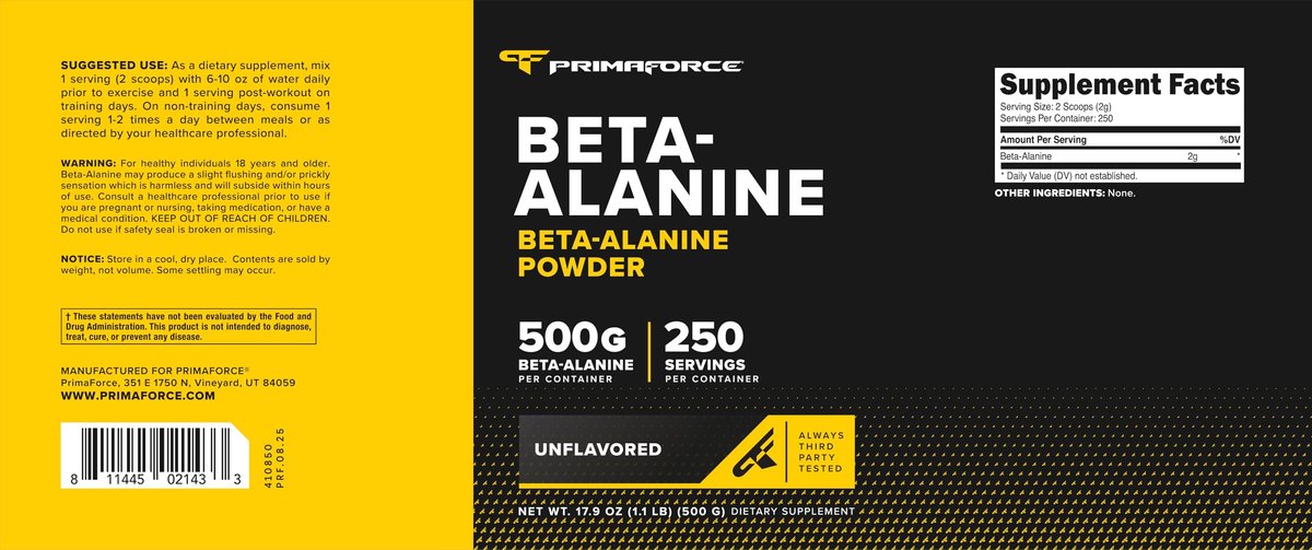 Primaforce Beta-Alanin Pulver 500 g (1,1 lbs) – ungesüßtes Pre-Workout & Post-Workout Supplement