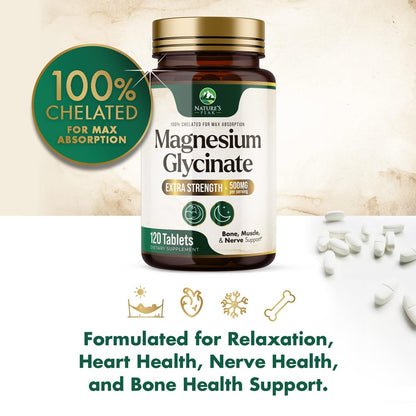 Magnesium Glycinat 500 mg pro Portion – Chelat-Magnesium für hohe Absorption, Unterstützung von Muskeln, Knochen & Herz, magenschonend, vegan, in den USA abgefüllt – 120 Tabletten