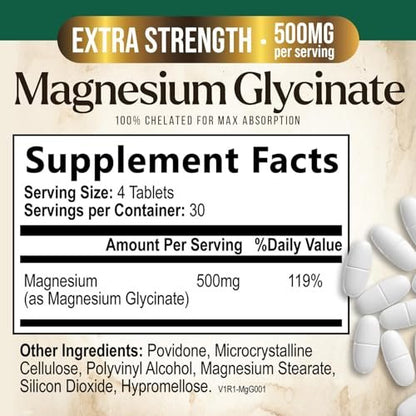 Magnesium Glycinat 500 mg pro Portion – Chelat-Magnesium für hohe Absorption, Unterstützung von Muskeln, Knochen & Herz, magenschonend, vegan, in den USA abgefüllt – 120 Tabletten