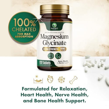Magnesium Glycinat 500 mg pro Portion – Chelat-Magnesium für hohe Absorption, Unterstützung von Muskeln, Knochen & Herz, magenschonend, vegan, in den USA abgefüllt – 120 Tabletten