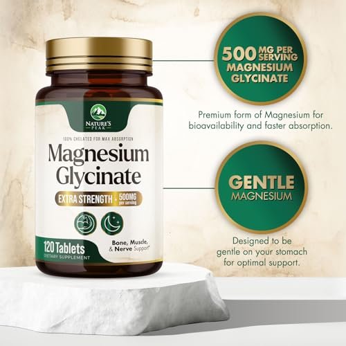Magnesium Glycinat 500 mg pro Portion – Chelat-Magnesium für hohe Absorption, Unterstützung von Muskeln, Knochen & Herz, magenschonend, vegan, in den USA abgefüllt – 120 Tabletten