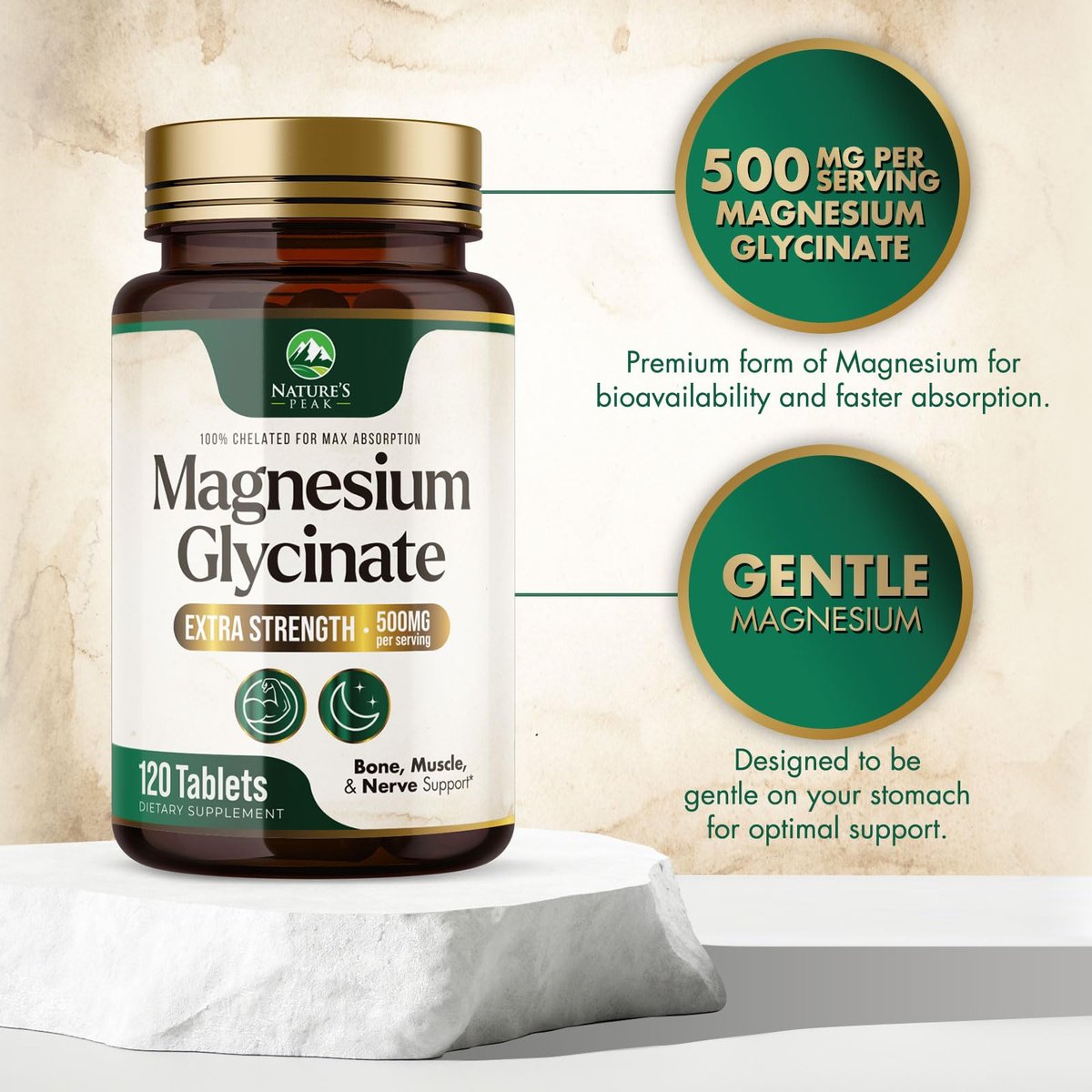 Magnesium Glycinat 500 mg pro Portion – Chelat-Magnesium für hohe Absorption, Unterstützung von Muskeln, Knochen & Herz, magenschonend, vegan, in den USA abgefüllt – 120 Tabletten