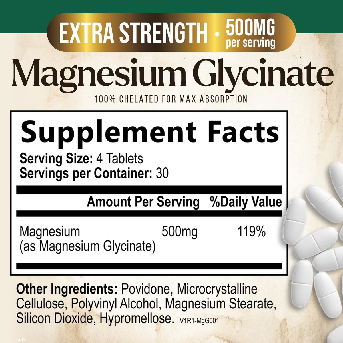 Magnesium Glycinat 500 mg pro Portion – Chelat-Magnesium für hohe Absorption, Unterstützung von Muskeln, Knochen & Herz, magenschonend, vegan, in den USA abgefüllt – 120 Tabletten
