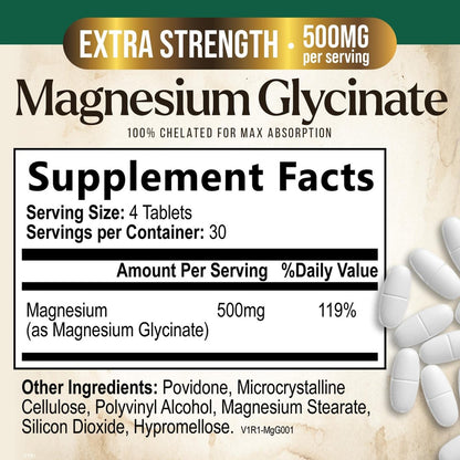 Magnesium Glycinat 500 mg pro Portion – Chelat-Magnesium für hohe Absorption, Unterstützung von Muskeln, Knochen & Herz, magenschonend, vegan, in den USA abgefüllt – 120 Tabletten