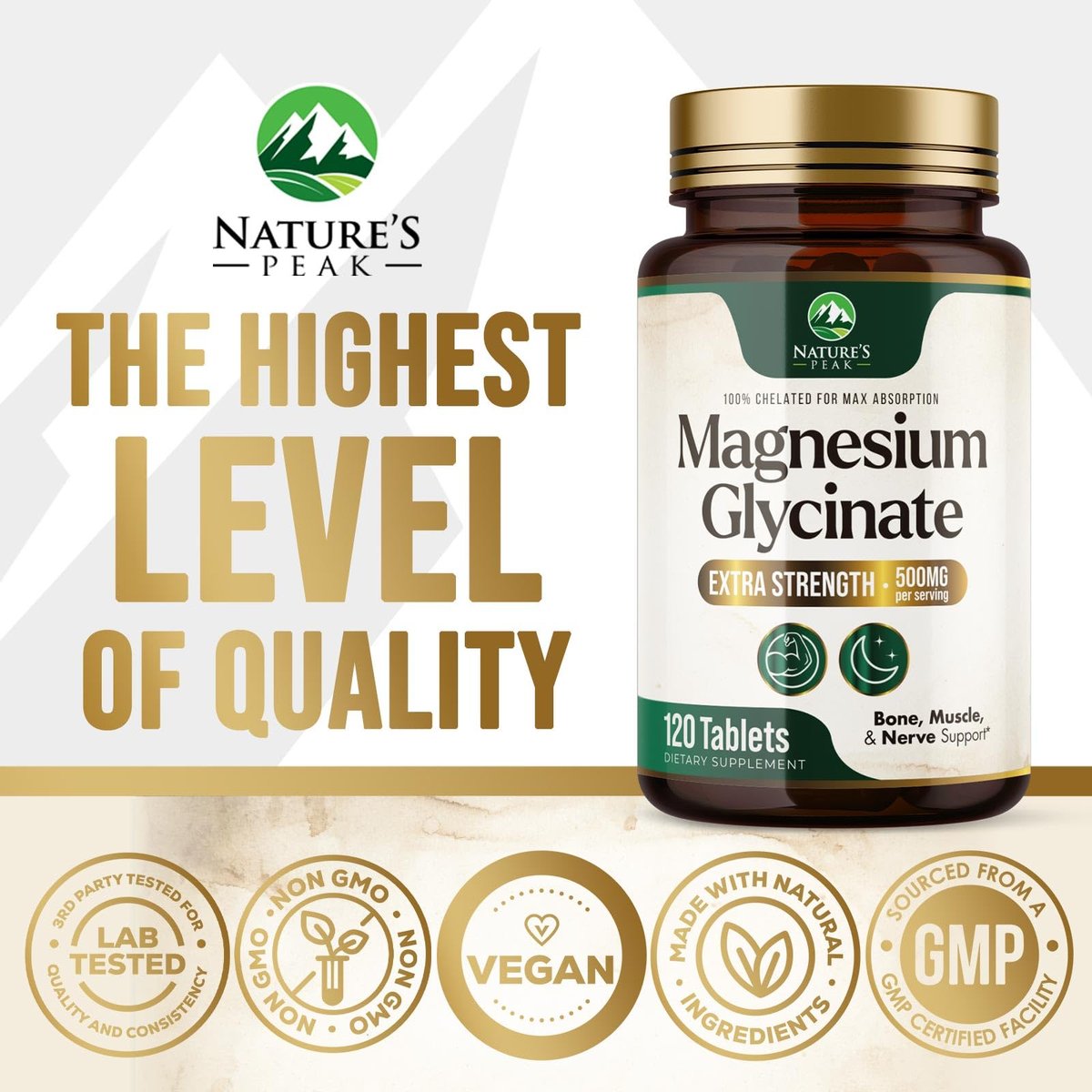 Magnesium Glycinat 500 mg pro Portion – Chelat-Magnesium für hohe Absorption, Unterstützung von Muskeln, Knochen & Herz, magenschonend, vegan, in den USA abgefüllt – 120 Tabletten