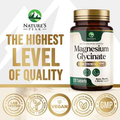 Magnesium Glycinat 500 mg pro Portion – Chelat-Magnesium für hohe Absorption, Unterstützung von Muskeln, Knochen & Herz, magenschonend, vegan, in den USA abgefüllt – 120 Tabletten