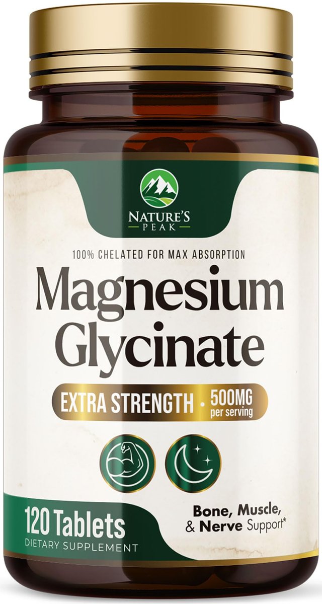 Magnesium Glycinat 500 mg pro Portion – Chelat-Magnesium für hohe Absorption, Unterstützung von Muskeln, Knochen & Herz, magenschonend, vegan, in den USA abgefüllt – 120 Tabletten