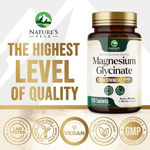 Magnesium Glycinat 500 mg pro Portion – Chelat-Magnesium für hohe Absorption, Unterstützung von Muskeln, Knochen & Herz, magenschonend, vegan, in den USA abgefüllt – 120 Tabletten