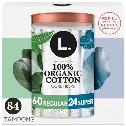 L. Baumwoll-Tampons Regular/Super Saugstärke Multipack, mit Bio-Baumwollkern, ohne synthetische Pestizide oder Duftstoffe, 84 Stück (2 Packungen à 42)