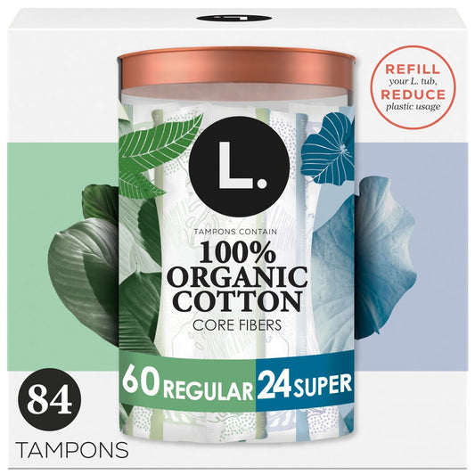L. Baumwoll-Tampons Regular/Super Saugstärke Multipack, mit Bio-Baumwollkern, ohne synthetische Pestizide oder Duftstoffe, 84 Stück (2 Packungen à 42)