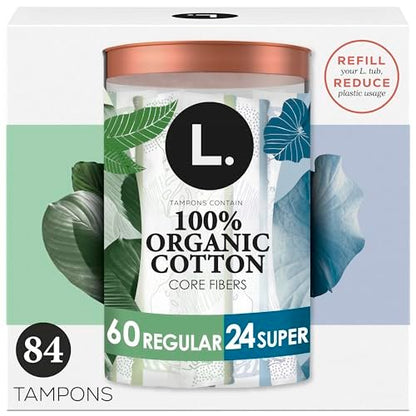L. Baumwoll-Tampons Regular/Super Saugstärke Multipack, mit Bio-Baumwollkern, ohne synthetische Pestizide oder Duftstoffe, 84 Stück (2 Packungen à 42)