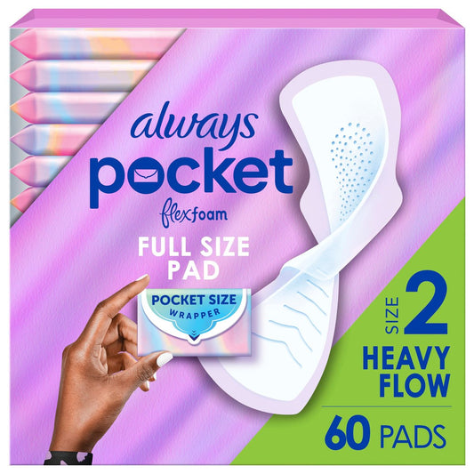 Always Pocket Damenbinden mit FlexFoam, Größe 2, bei starkem Blutfluss, mit Flügeln, parfümfrei, 60 Stück (3 Packungen à 20)