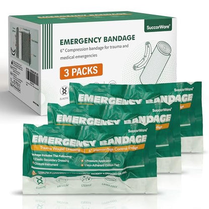 SuccorWare 6 Zoll 3er-Pack Israeli Bandage – Notfallverband mit Vakuum-Sterilverpackung – für Wundversorgung, Erste-Hilfe-Set, medizinisches Trauma-Kit-Nachfüllpack