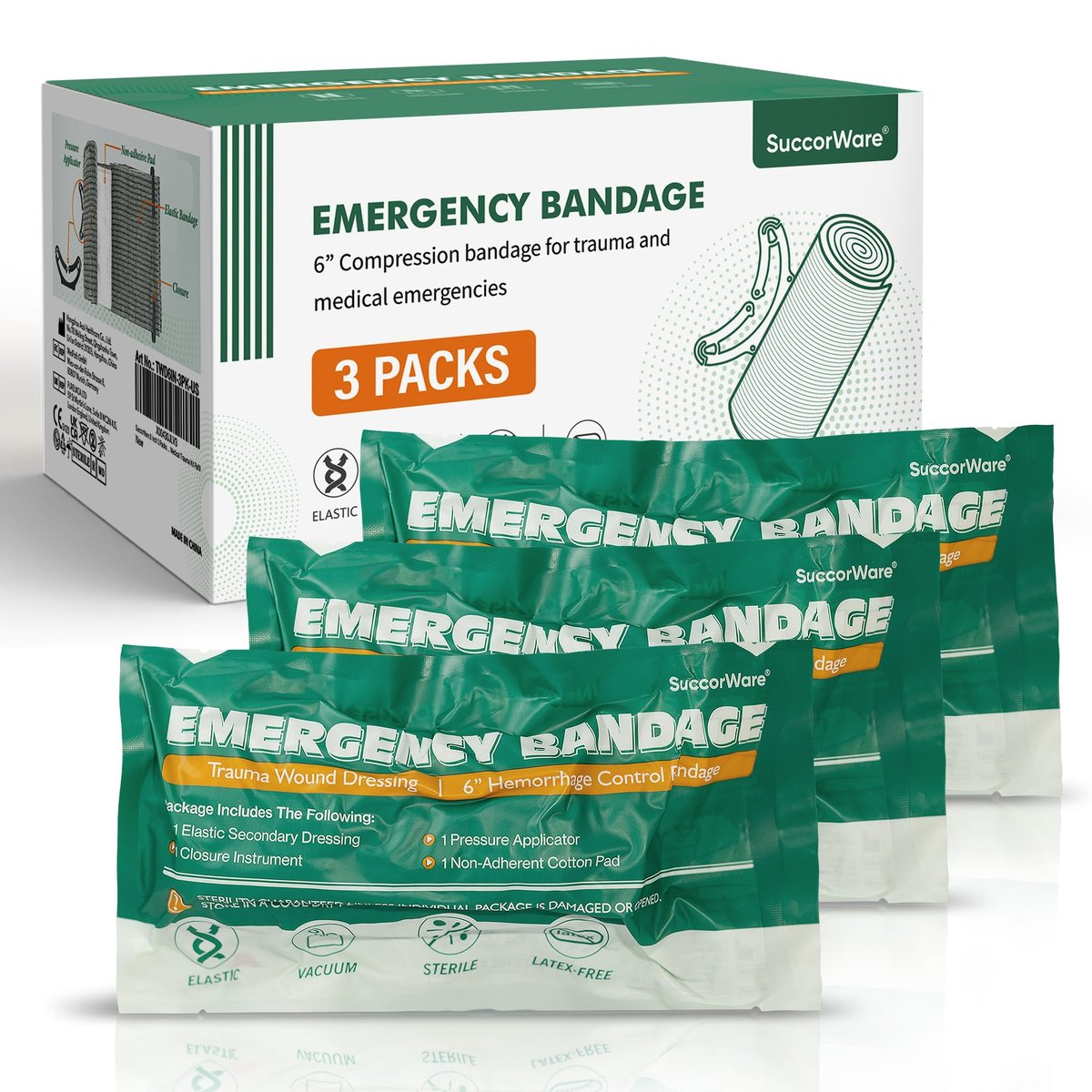 SuccorWare 6 Zoll 3er-Pack Israeli Bandage – Notfallverband mit Vakuum-Sterilverpackung – für Wundversorgung, Erste-Hilfe-Set, medizinisches Trauma-Kit-Nachfüllpack
