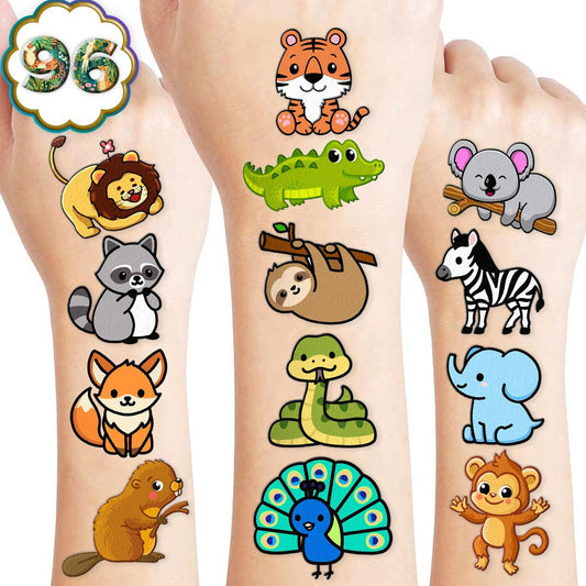 96 Stück Zoo-Tier-Tattoos für Kinder (8 Blatt) - Vorgeschnittene Safari-Tattoos, Niedliche Geburtstagsparty-Geschenke für Jungen und Mädchen