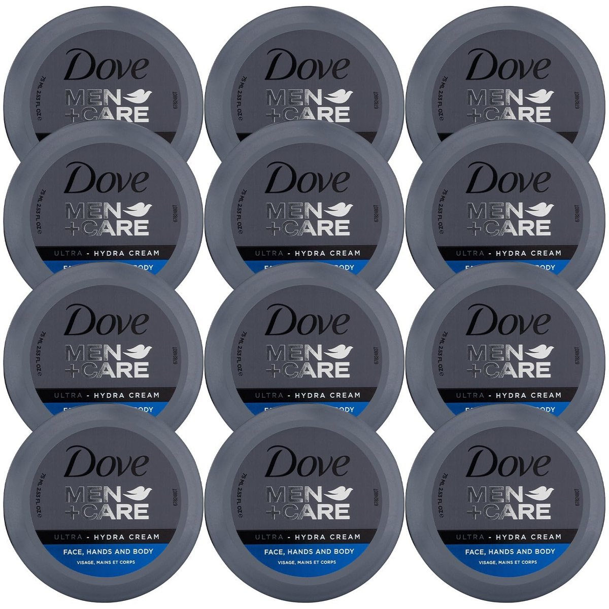 Dove Men+Care Ultra Hydra Creme Lotion 3-in-1 – Gesichtscreme, Hand- & Körperlotion für trockene Haut, 2,53 Fl Oz (12er-Pack)