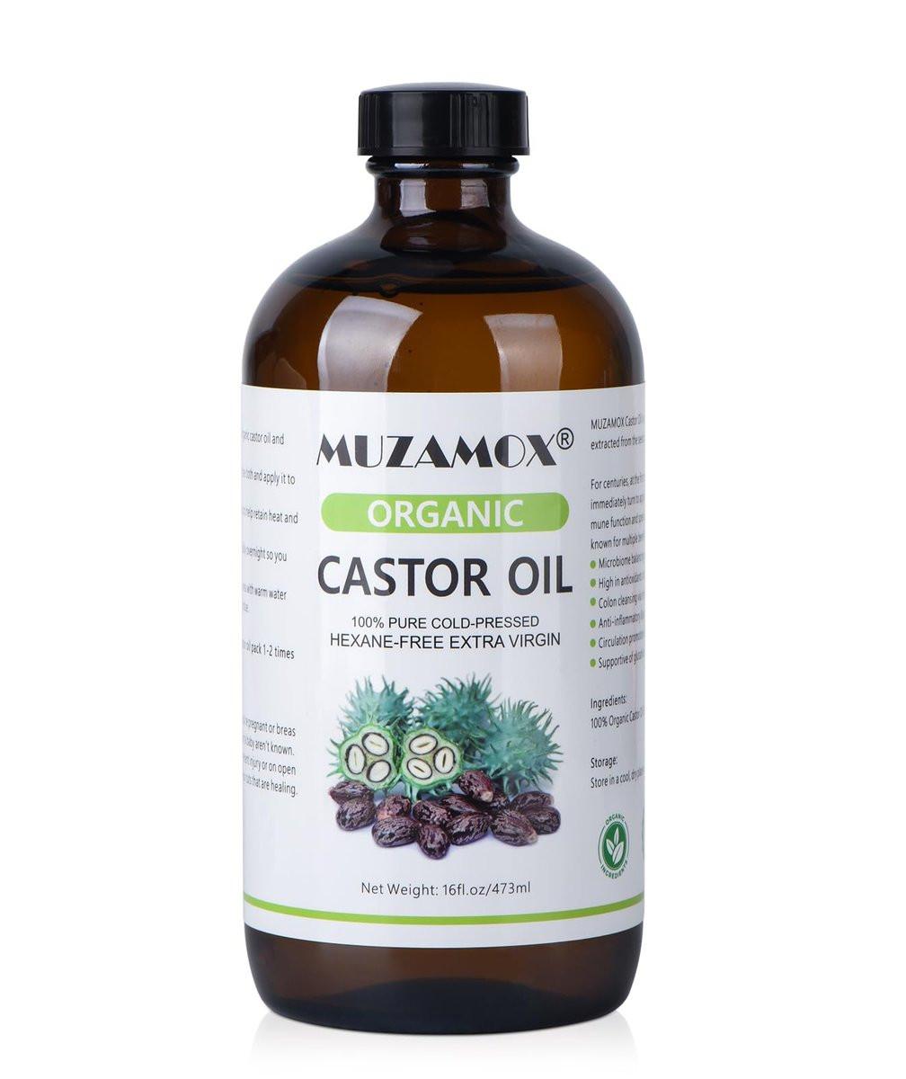 MUZAMOX Rizinusöl Bio Kaltgepresst Unraffiniert Glasflasche, 100% Rein und Hexanfrei, Ideal für Rizinusölpackung, Hautpflege und Haarwachstum, 473 ml