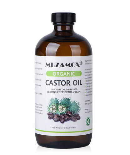 MUZAMOX Rizinusöl Bio Kaltgepresst Unraffiniert Glasflasche, 100% Rein und Hexanfrei, Ideal für Rizinusölpackung, Hautpflege und Haarwachstum, 473 ml