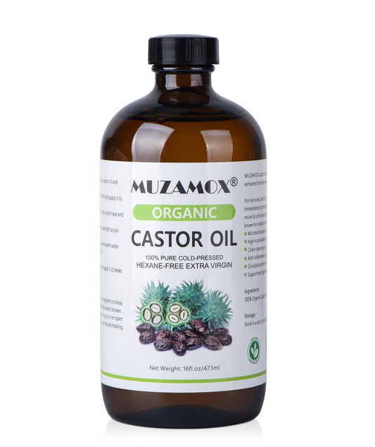 MUZAMOX Rizinusöl Bio Kaltgepresst Unraffiniert Glasflasche, 100% Rein und Hexanfrei, Ideal für Rizinusölpackung, Hautpflege und Haarwachstum, 473 ml