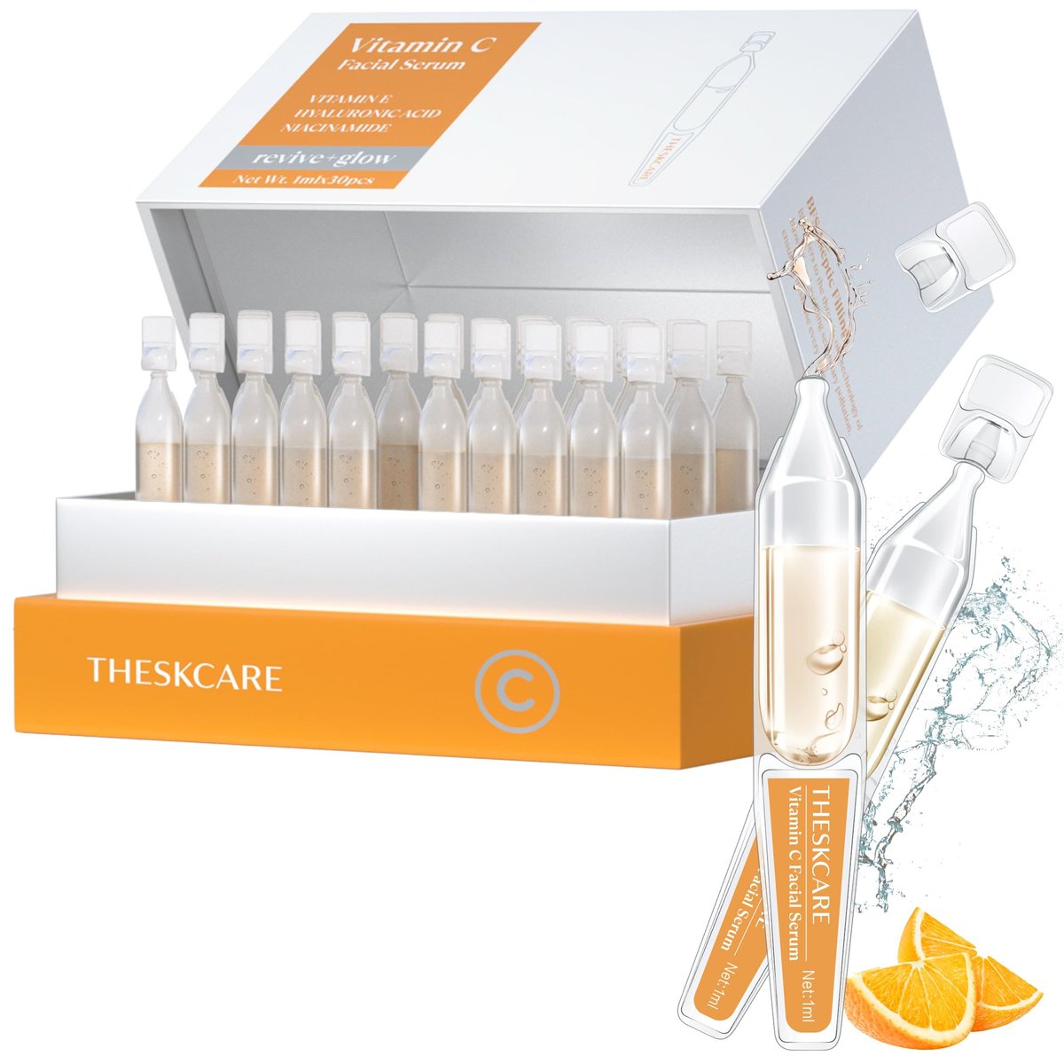 THESKCARE Vitamin C Gesichtsserum mit Hyaluronsäure, Glutathion, Vitamin E & Niacinamid – Anti-Aging Gesichtsserum für Falten und dunkle Flecken, feuchtigkeitsspendend und strahlend, 30 Ampullen