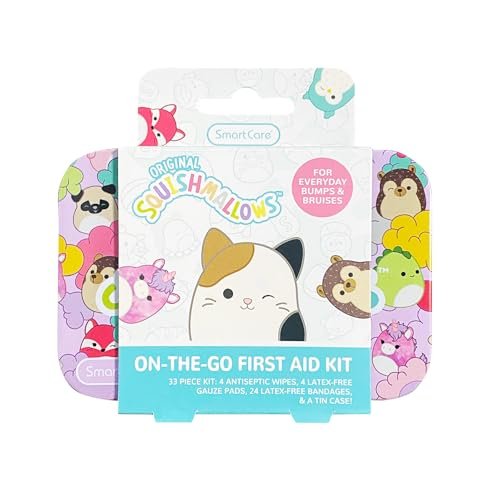 Smart Care Squishmallow Erste-Hilfe-Set für Kinder – 33-teiliges Reiseset mit antiseptischen Tüchern, Pflastern und Mullbinden in Metalldose