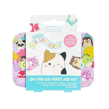 Smart Care Squishmallow Erste-Hilfe-Set für Kinder – 33-teiliges Reiseset mit antiseptischen Tüchern, Pflastern und Mullbinden in Metalldose