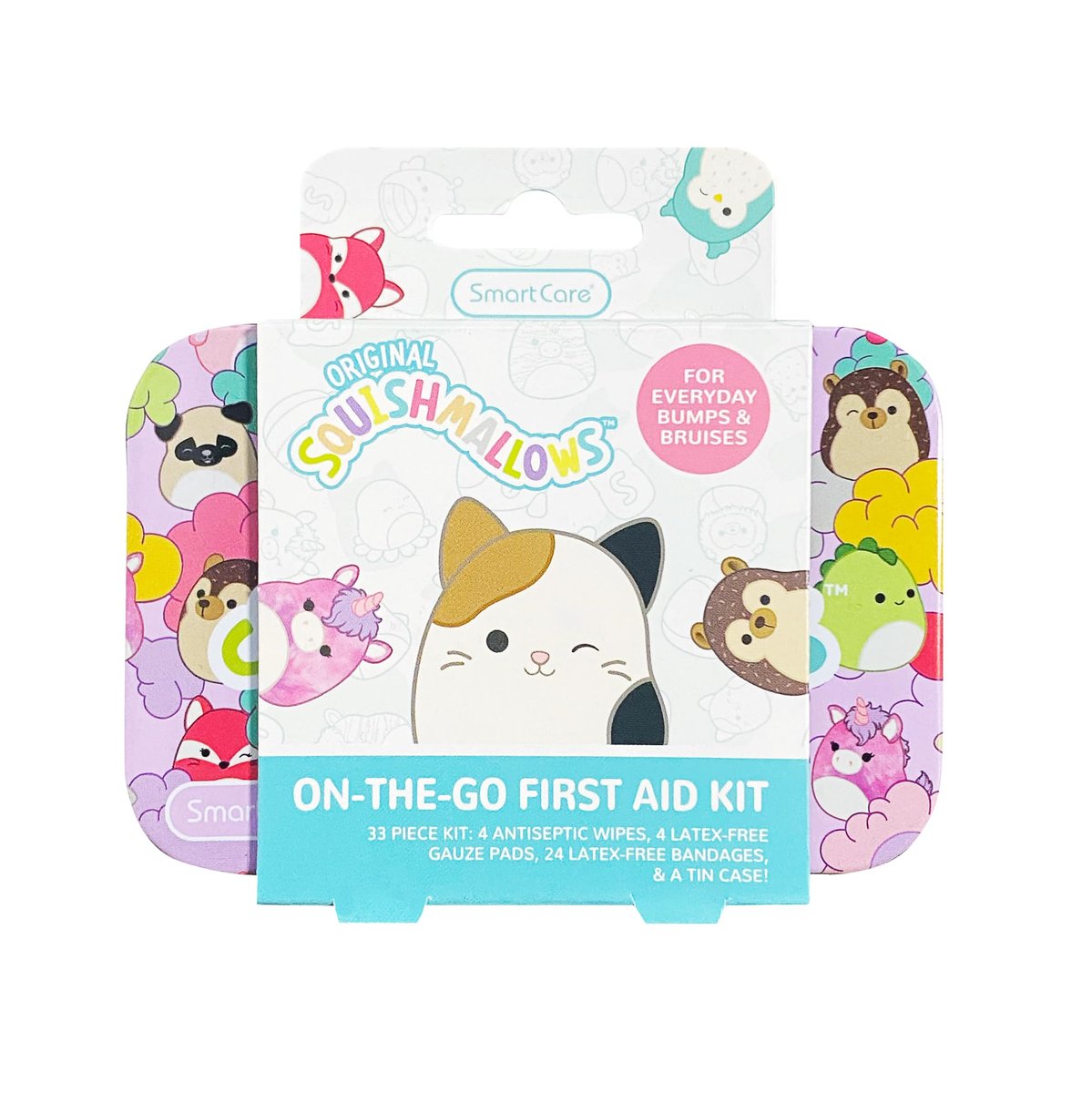 Smart Care Squishmallow Erste-Hilfe-Set für Kinder – 33-teiliges Reiseset mit antiseptischen Tüchern, Pflastern und Mullbinden in Metalldose