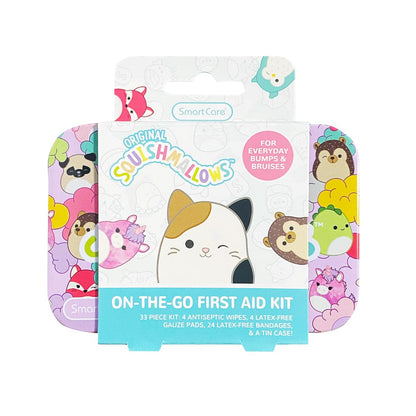 Smart Care Squishmallow Erste-Hilfe-Set für Kinder – 33-teiliges Reiseset mit antiseptischen Tüchern, Pflastern und Mullbinden in Metalldose