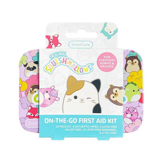 Smart Care Squishmallow Erste-Hilfe-Set für Kinder – 33-teiliges Reiseset mit antiseptischen Tüchern, Pflastern und Mullbinden in Metalldose