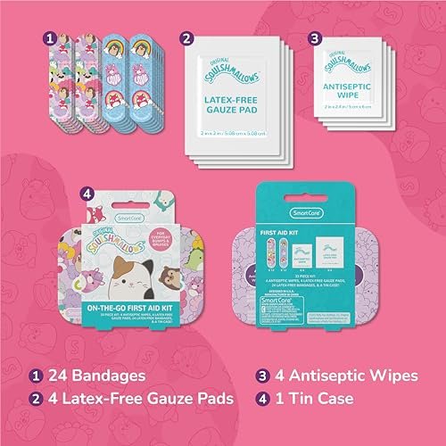 Smart Care Squishmallow Erste-Hilfe-Set für Kinder – 33-teiliges Reiseset mit antiseptischen Tüchern, Pflastern und Mullbinden in Metalldose